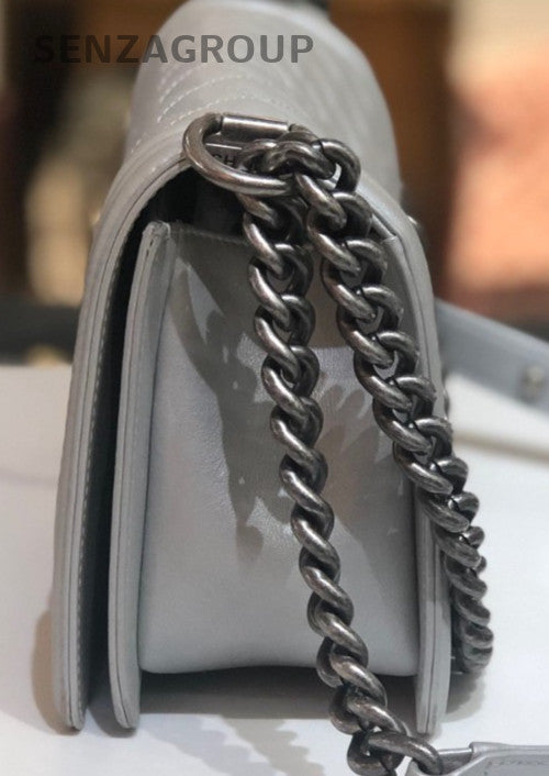 Chanel Leboy MM Calfskin Chain Shoulder Bag Silver Diamond Women Classic