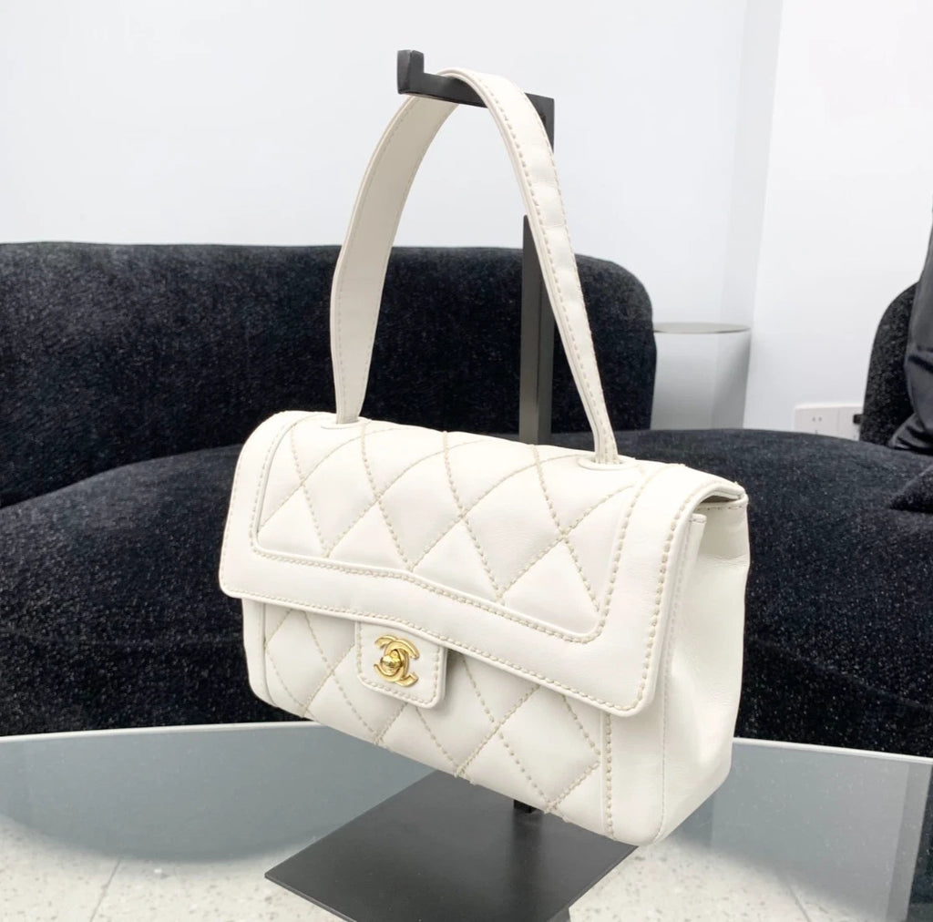 Chanel Calfskin Diamond Top Handle Bag Gold Hardware Women S