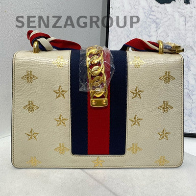Gucci Sylvie Medium Shoulder Bag Bee Star White Gold Classic Women's