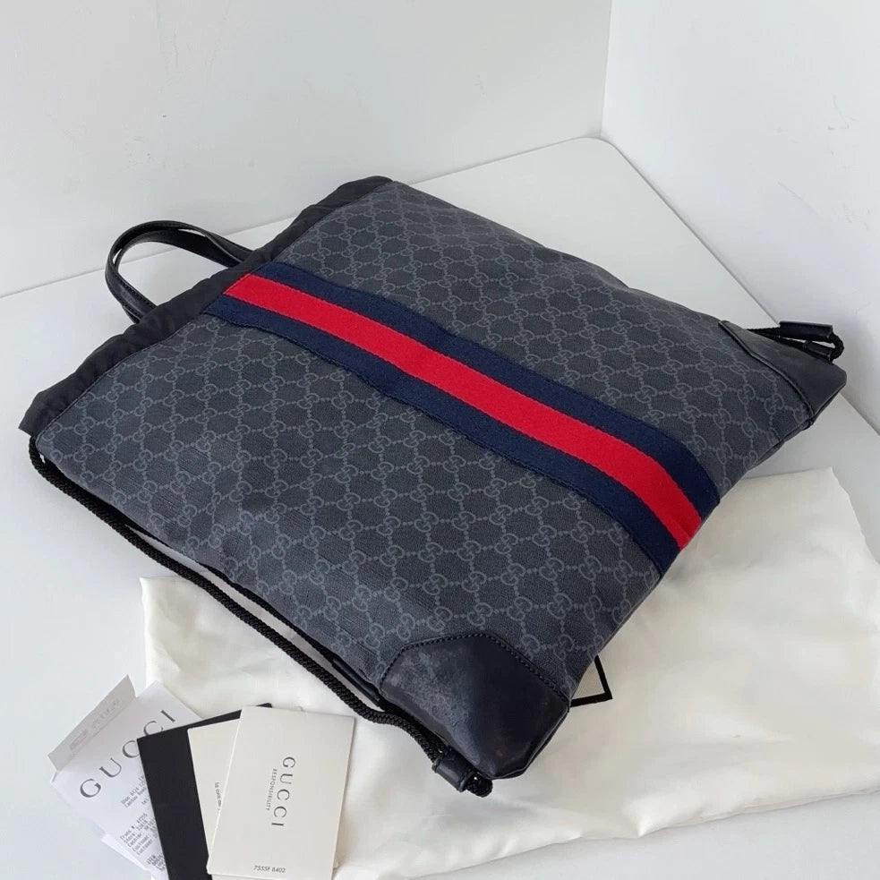 Excellent Gucci Black Monogram Drawstring Satchel Bag Handbag Backpack