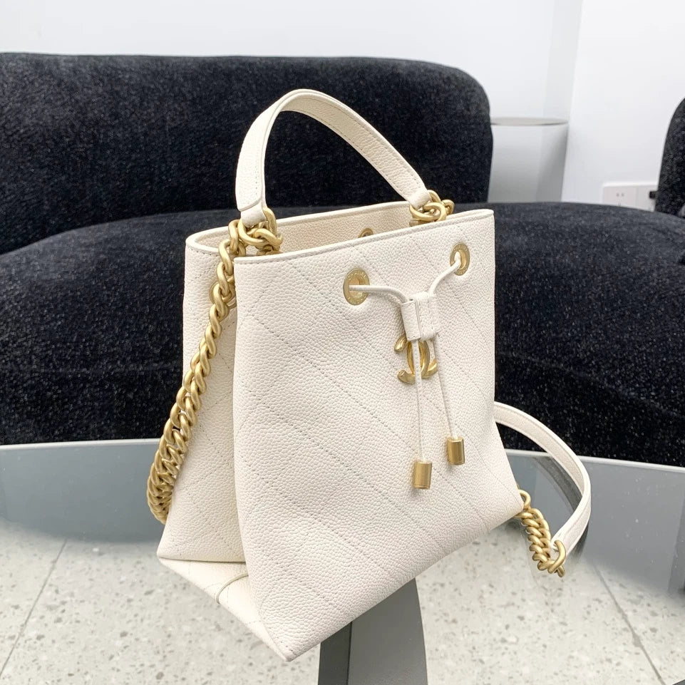 Chanel Calfskin Bucket Chain Shoulder Bag Crossbody White Gold Diamond S
