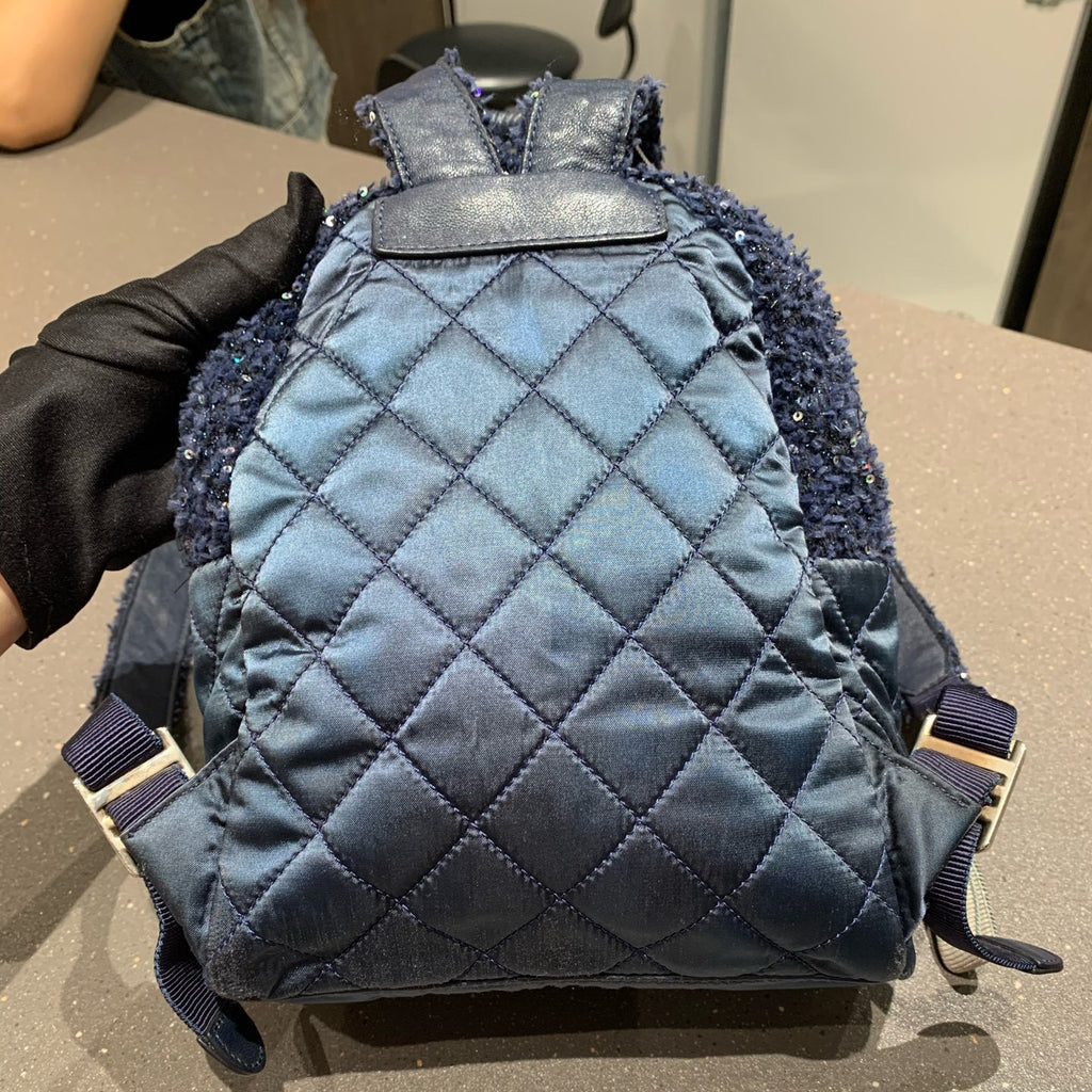 Chanel Classic Black Silver Sequin Tweed Backpack Quilted Pattern