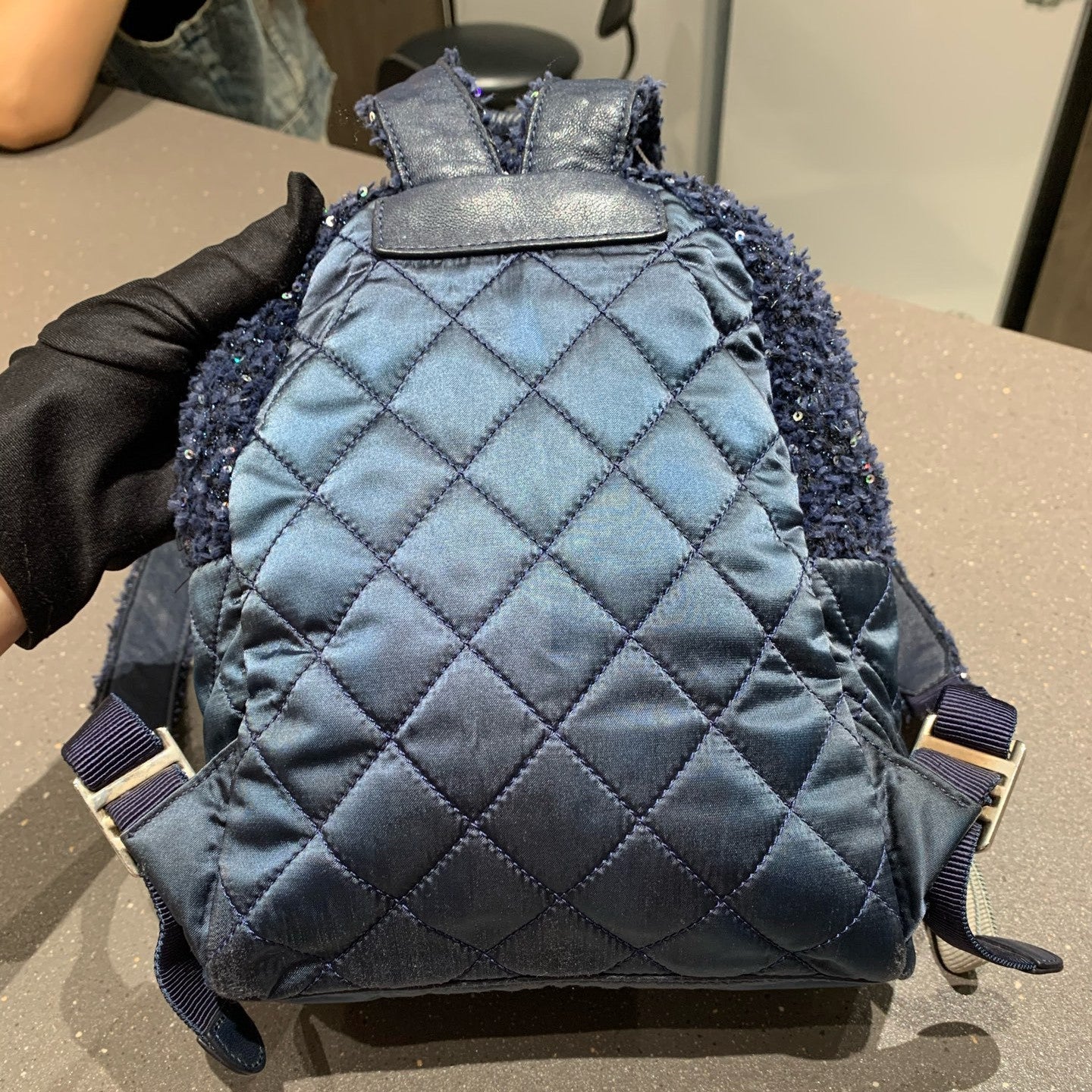 Chanel Classic Black Silver Sequin Tweed Backpack Quilted Pattern