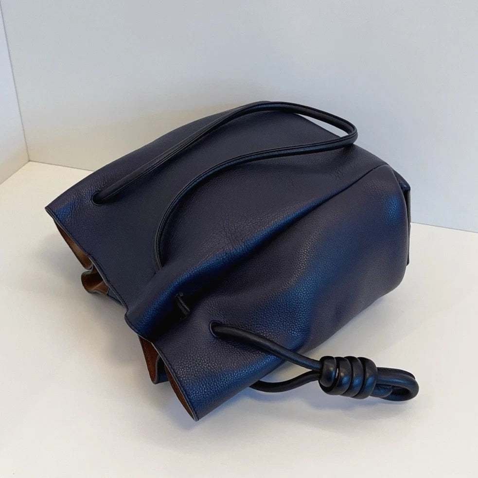 Authentic Loewe Flamenco Knot Navy Blue Drawstring Tote Shoulder Crossbody Bag