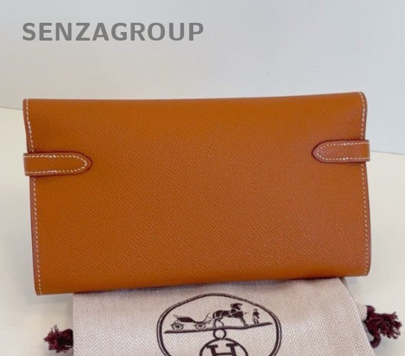 Hermes Kelly Long Wallet Clutch Epsom Brown Silver Used Women Classic Fashion