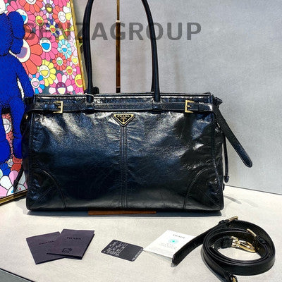 Prada Softlux Large Bonnie Shoulder Bag Black Gold Women's