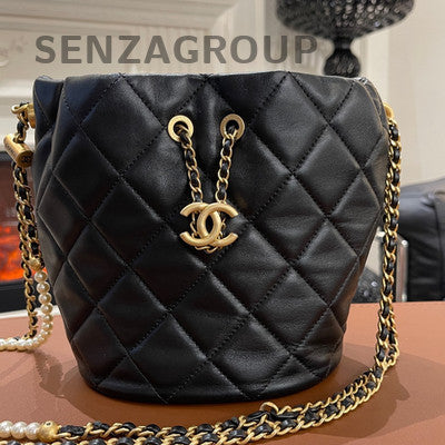 Chanel Quilted Pearl Drawstring Chain Bucket Bag Black Gold Shoulder Bag