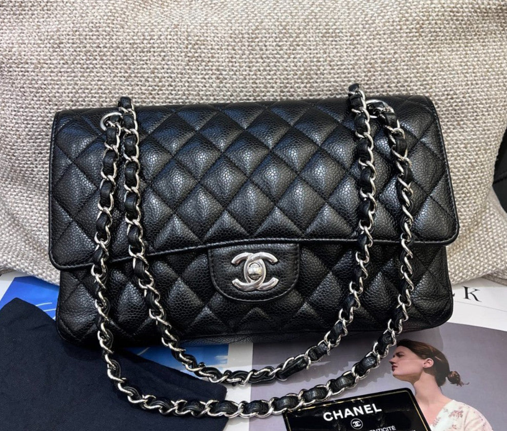 Chanel Classic Flap MM Calfskin Chain Shoulder Bag Crossbody Black Silver Women