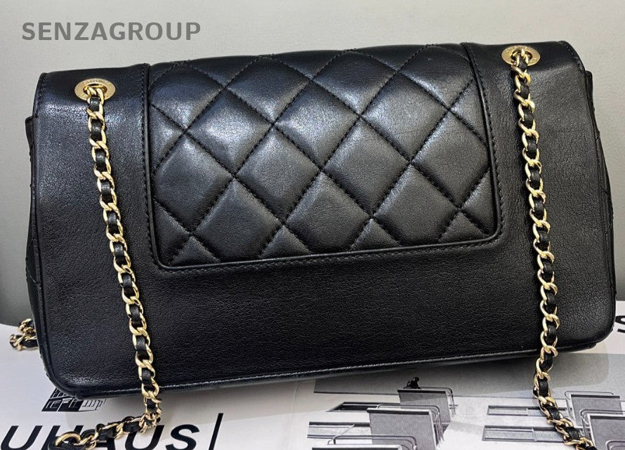 Chanel Classic Flap Calfskin Chain Shoulder Black Gold Diamond Women Designer