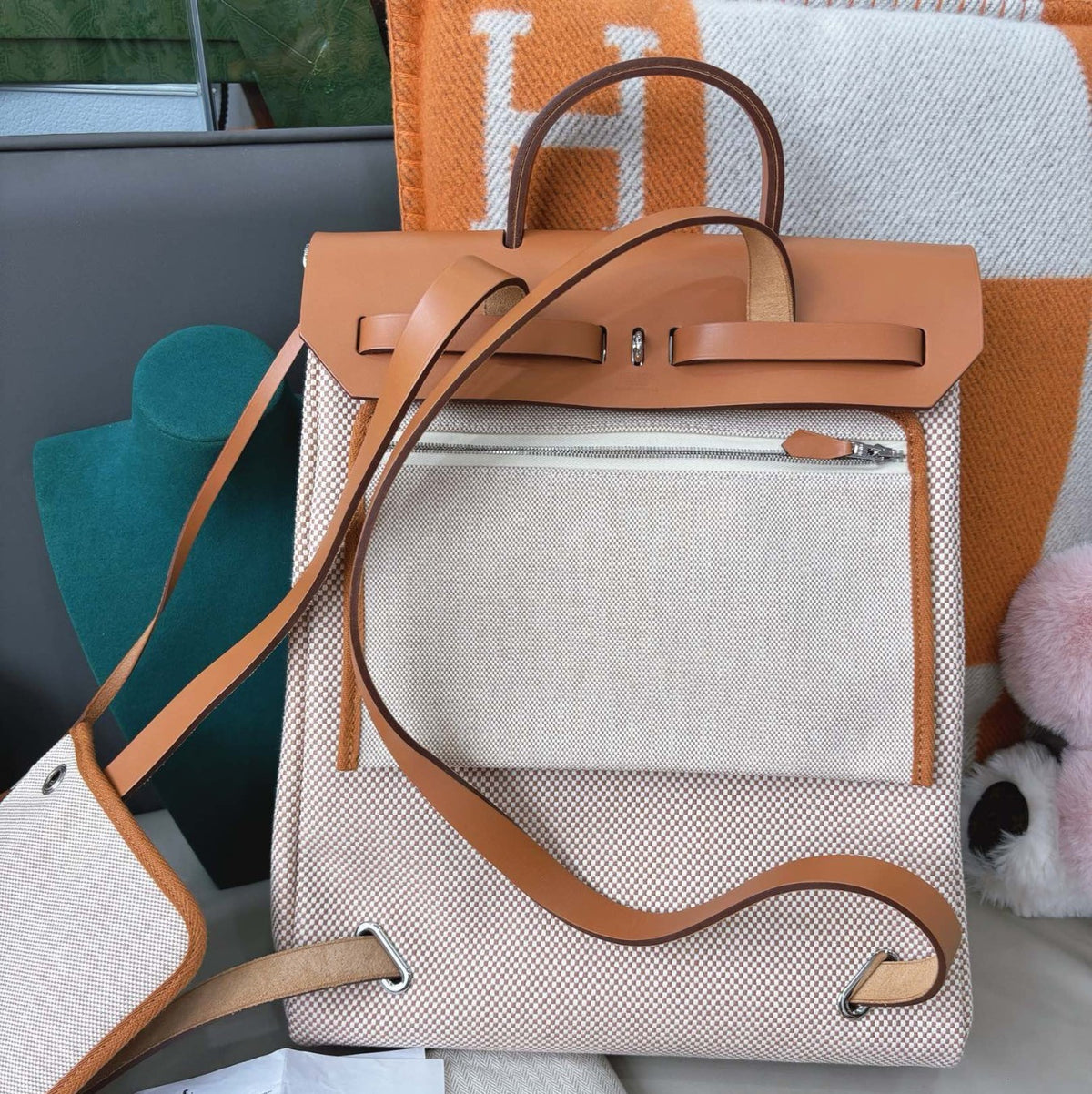 Hermes Herbag PM Backpack Beige Brown Silver Used Women Classic Designer