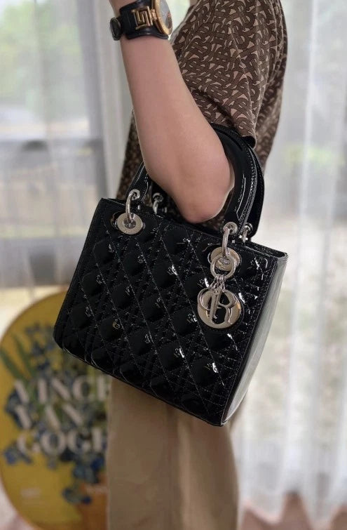 Dior Lady Dior Cannage 5-Grid Patent Leather Handbag For Women