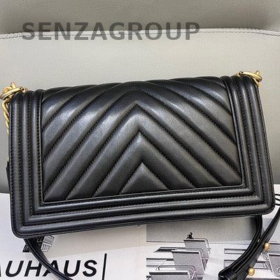 Chanel Black Gold Chevron Calfskin Medium Le Boy Chain Shoulder Bag