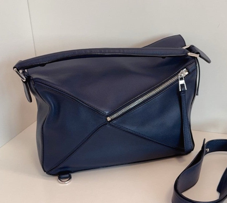 Loewe Puzzle MM Top Handle Shoulder Bag Crossbody Blue Silver Used Women Classic