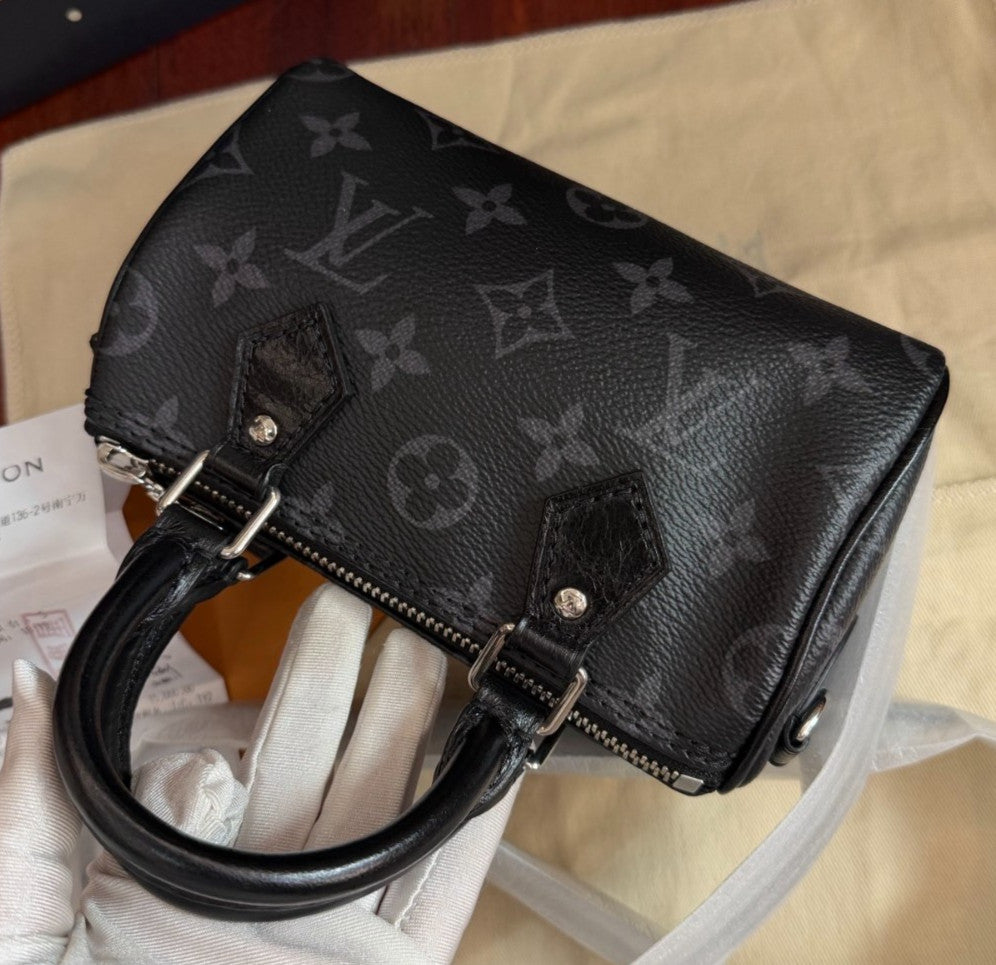 Louis Vuitton Speedy Nano Monogram Top Handle Crossbody Black Silver Women