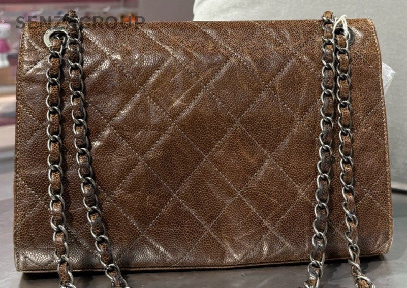 Chanel Classic Flap PM Calfskin Chain Shoulder Bag Crossbody Brown Silver Women