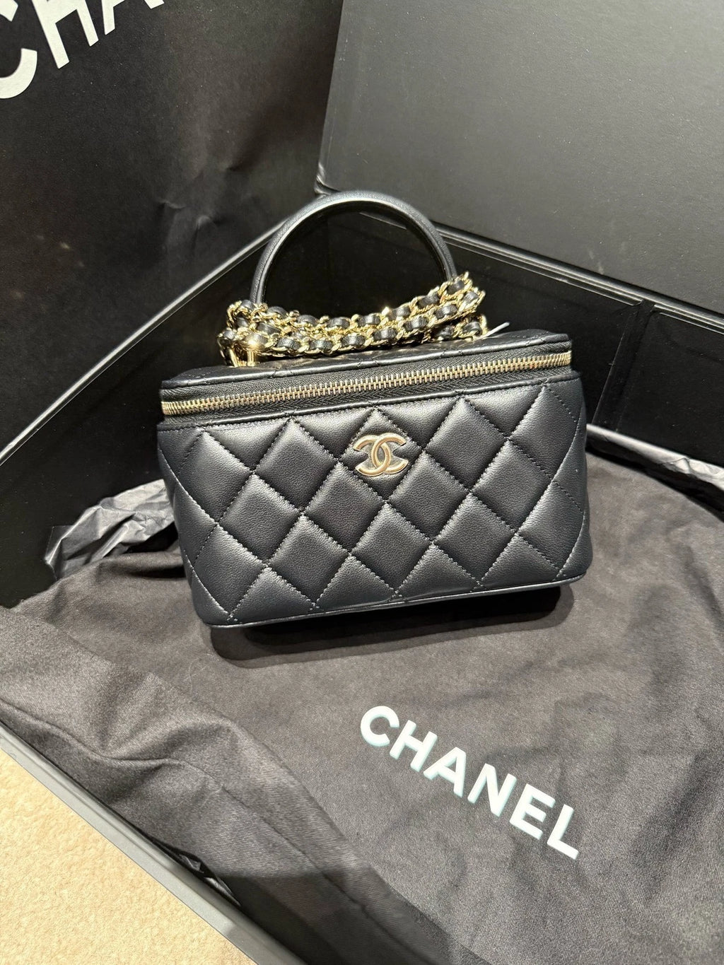 CHANEL 24 Chip Black Gold Lambskin Top Handle Box Bag For Women