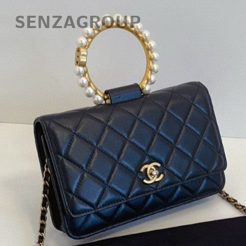 Chanel 21S WOC Lambskin Peal Top Handle Bag Chain Shoulder Bag Black Gold Women