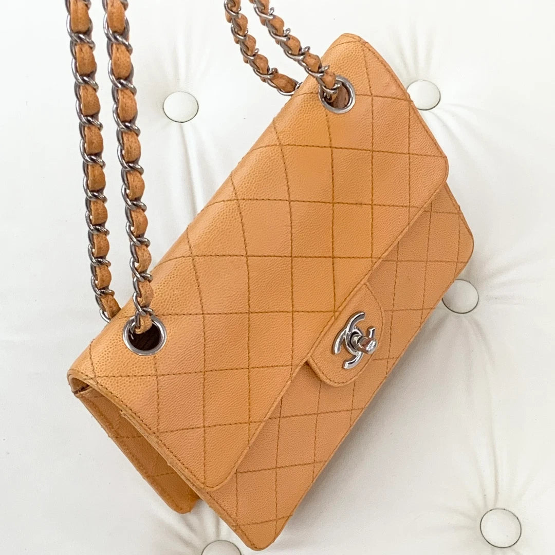 Chanel Classic Flap Chain Calfskin Shoulder Crossbody Bag Orange Women S