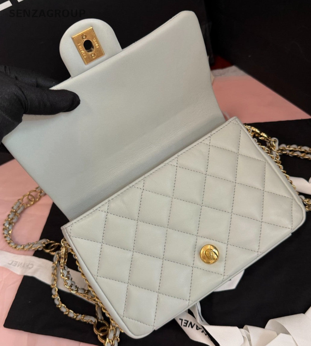 Chanel Classic Flap Mini Lambskin Chain Gray Gold Shoulder Bag Women Fashion