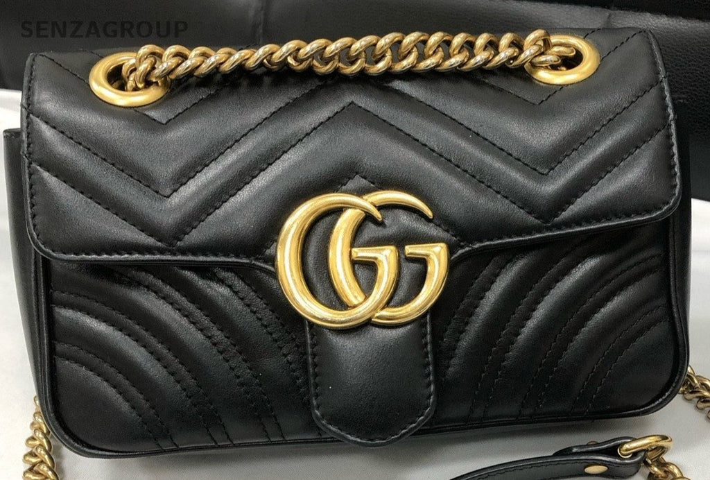 Gucci Marmont Chain Shoulder Bag Black Gold Women Classic Designer