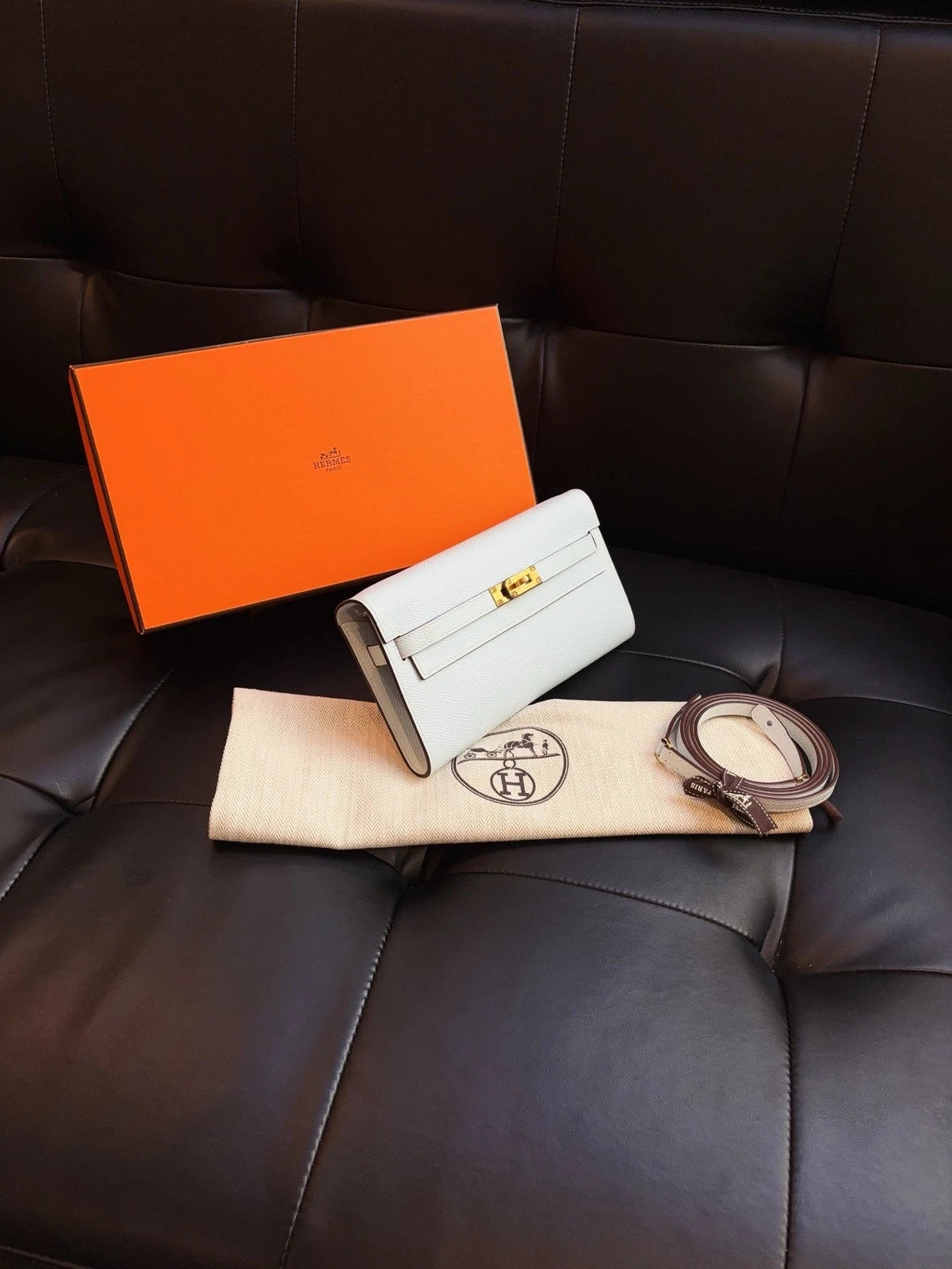Hermes Kelly Togo Crossbody Bag Women's Purse Blue Gold Lock