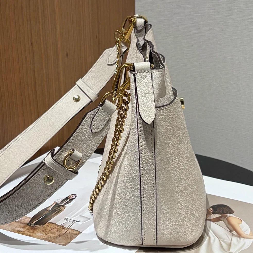 Chip Version Louis Vuitton Lock and Walk Calfskin White Bucket Shoulder Bag GHW