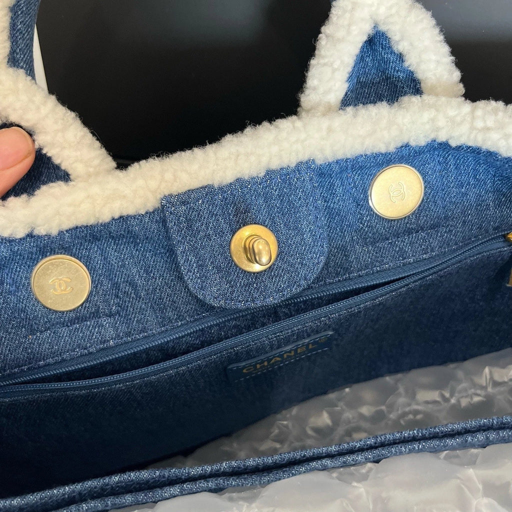 Chanel Denim Shearling Tote Top Handle Bag Shoulder Bag Blue Women