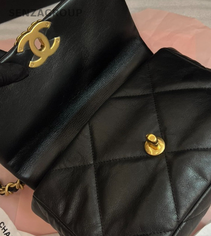 Chanel 19 PM Chain Top Handle Shoulder Bag Crossbody Black Gold Used Women