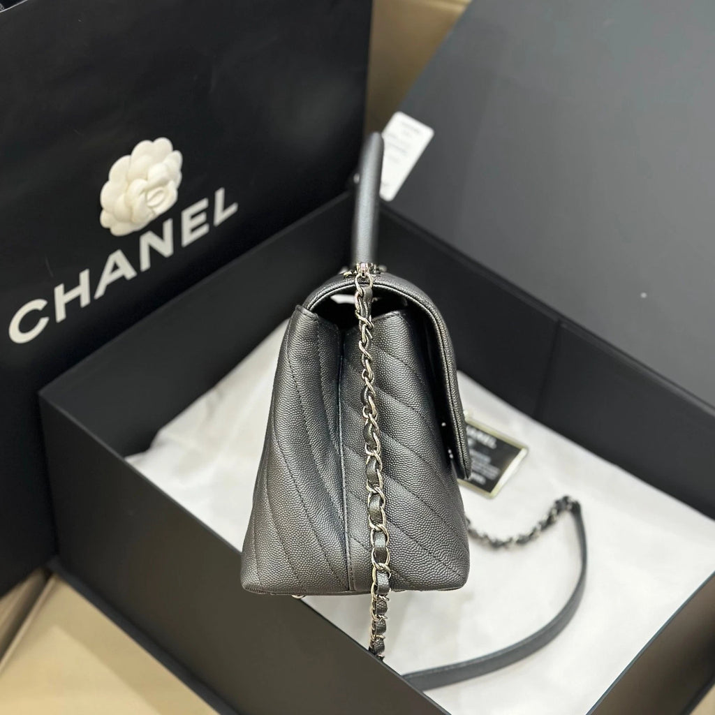 CHANEL Gray Caviar Leather Medium Coco Handle Bag For Women