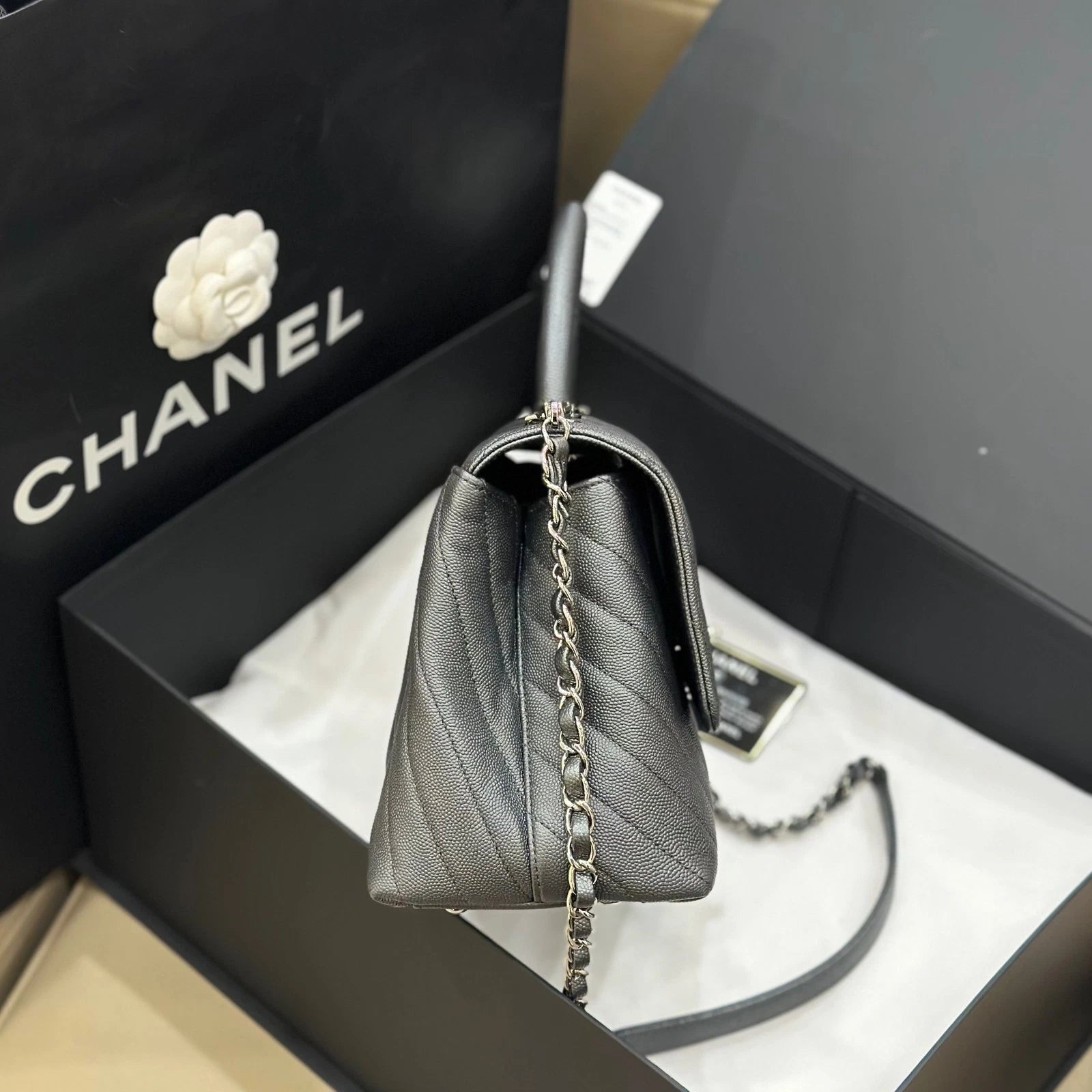 CHANEL Gray Caviar Leather Medium Coco Handle Bag For Women