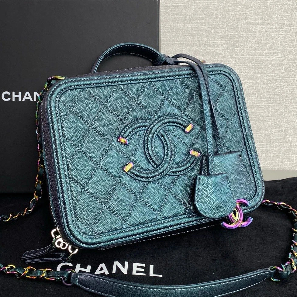 Chanel Vanity Case Chain Top Handle Crossbody Blue Iridescent Metallic Women