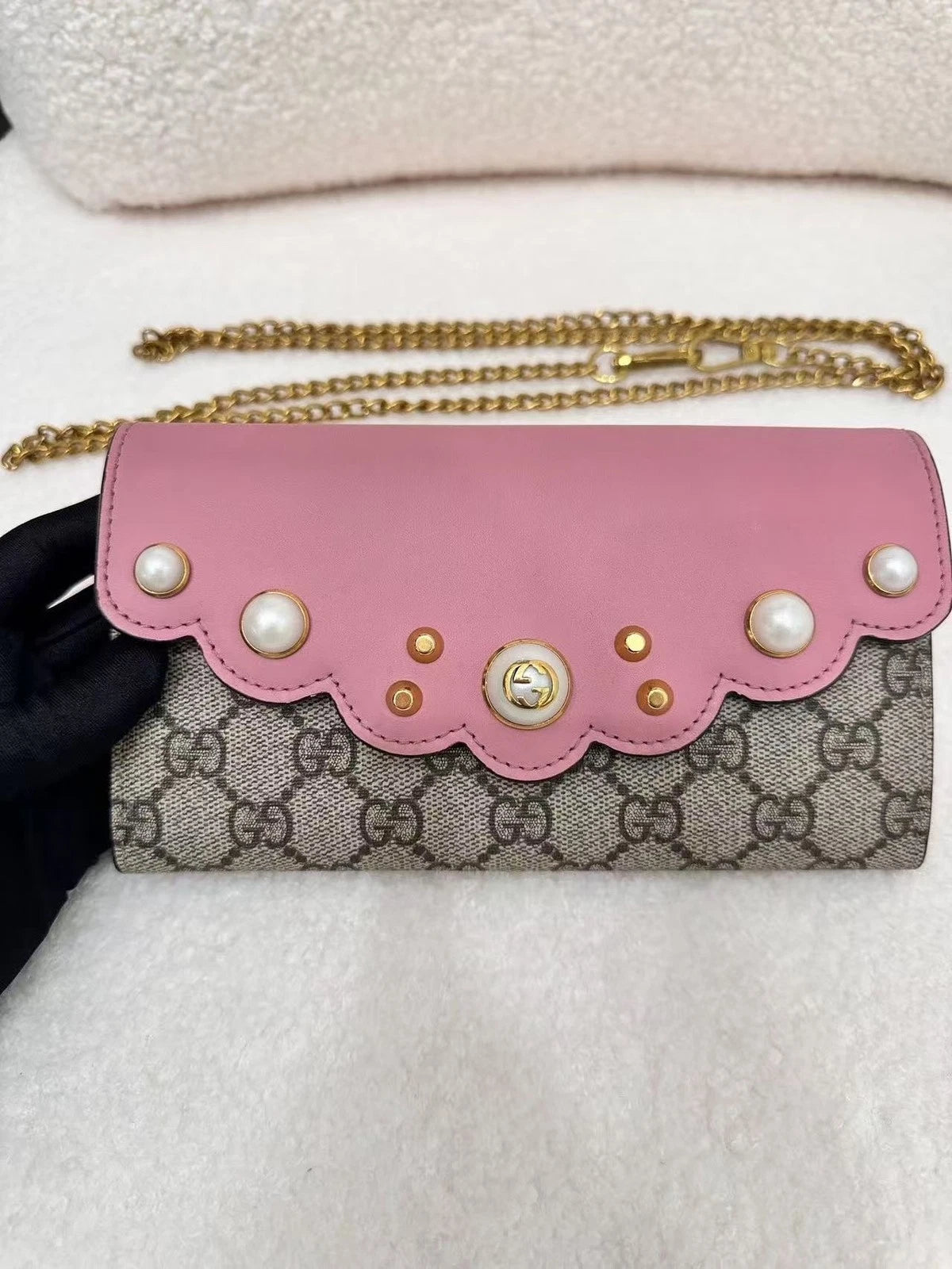 GUCCI Women Leather Pearl Decorated Wallet Crossbody