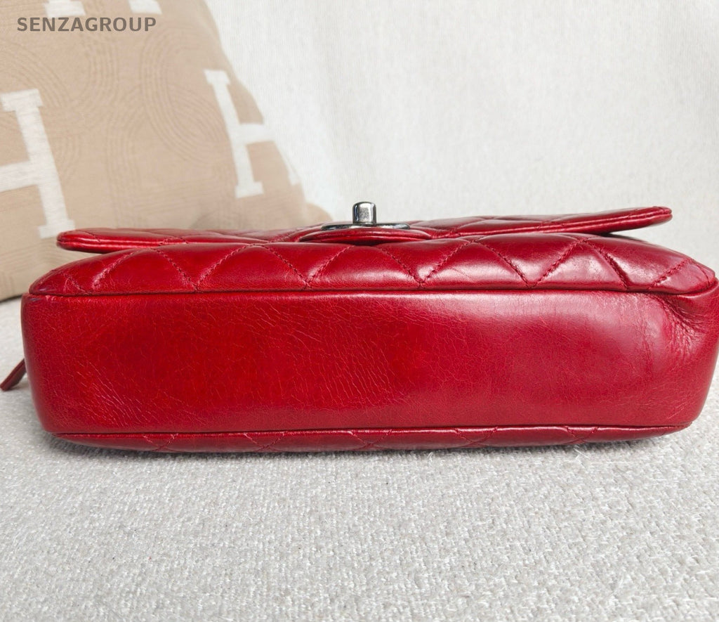 Chanel Classic Flap Chain Shoulder Bag Crossbody Red Silver Used Women Diamond
