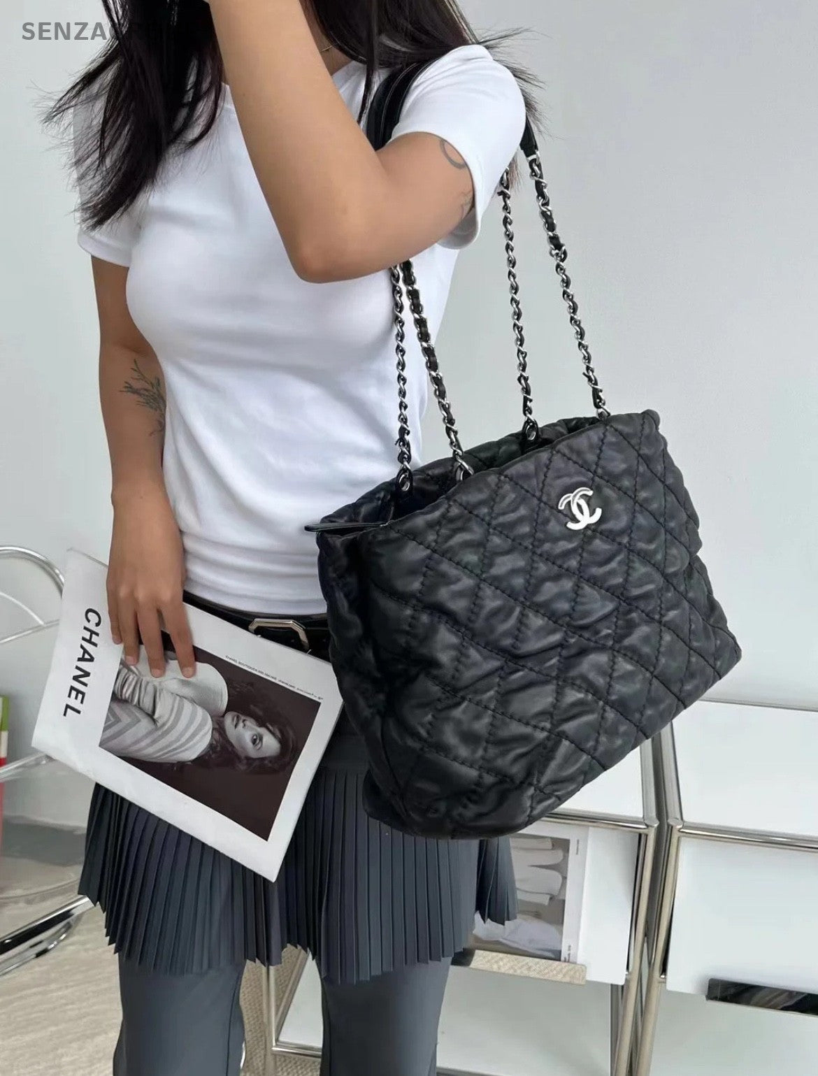 CHANEL Puffer Tote Calfskin Chain Shoulder bag Black Silver Women Classic