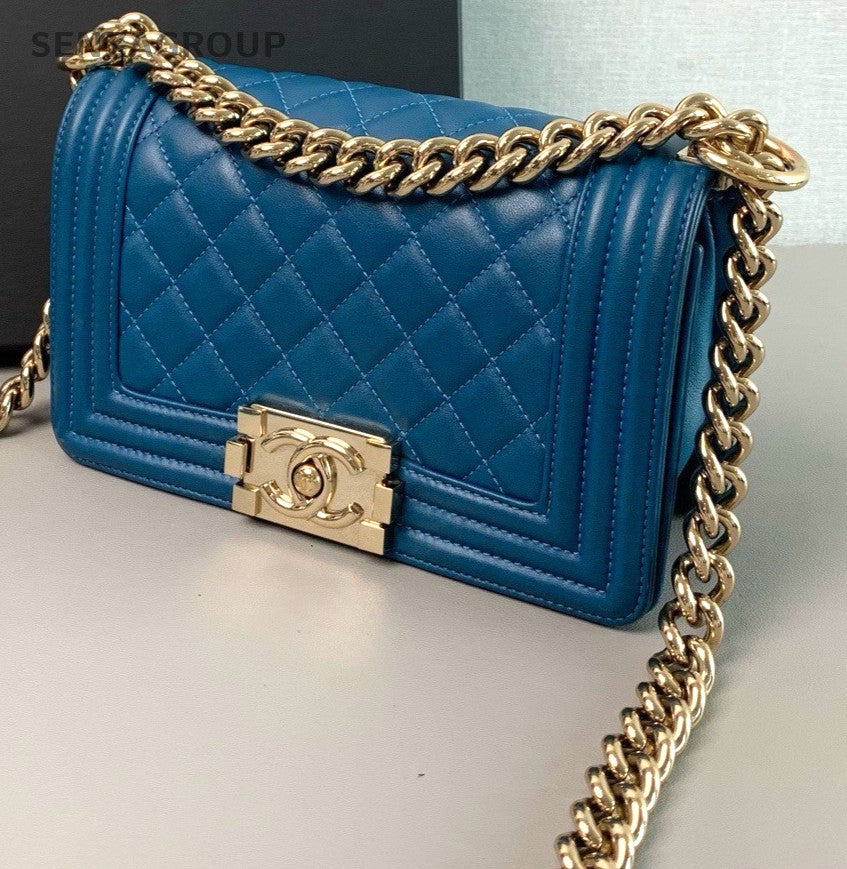 CHANEL Leboy PM Calfksin Chain Shoulder bag Women Crossbody Blue Gold