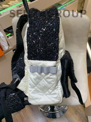 Chanel Cosmic Series Large Sequin & Tweed Backpack White Black Women