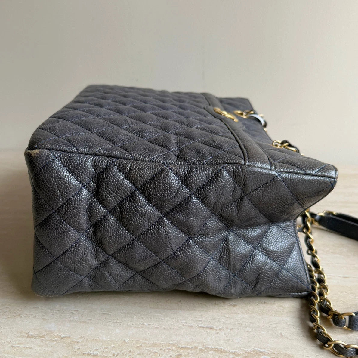 Chanel Calfskin Leather Diamond Navy Tote Gold Chain Shoulder Bag