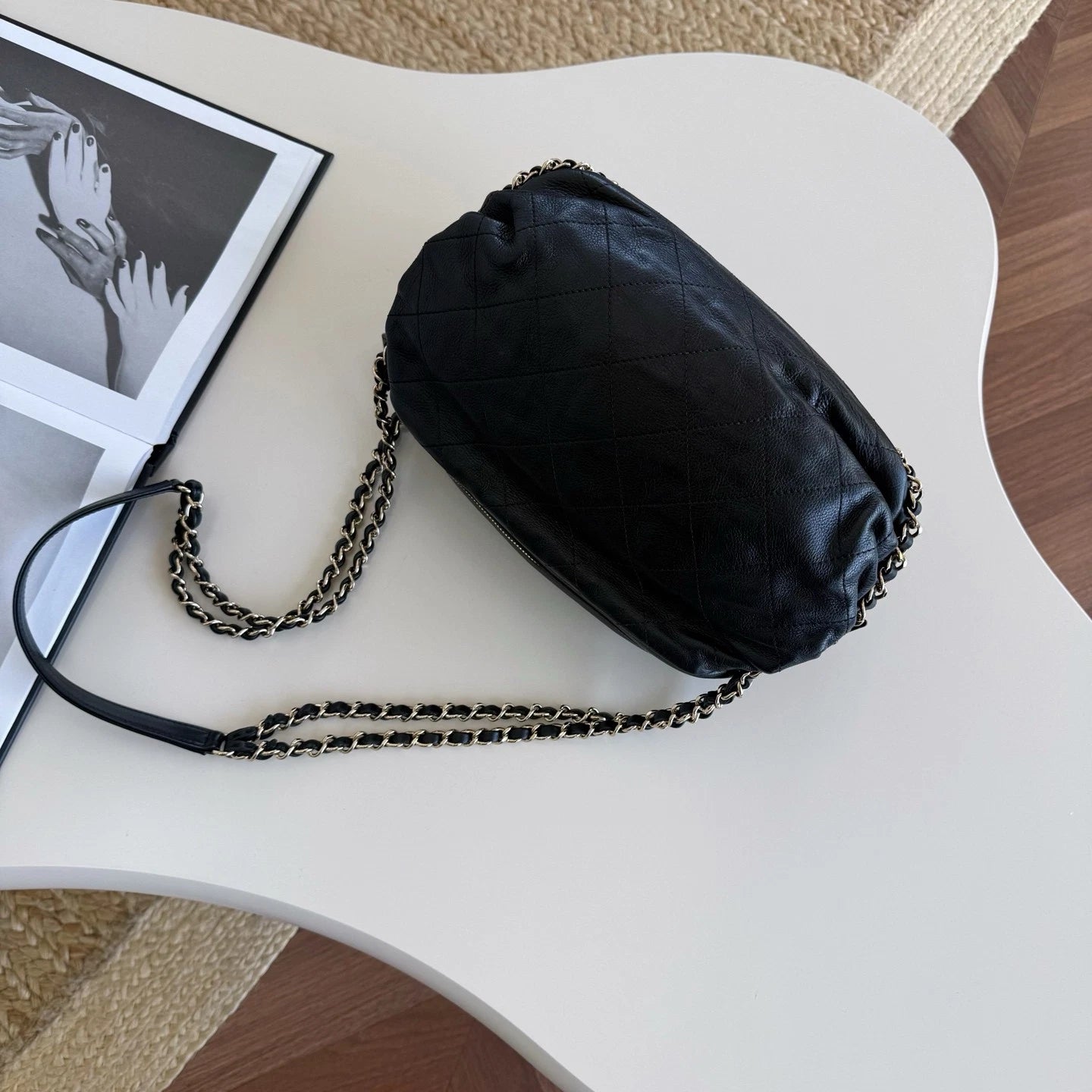 Chanel Calfskin Hobo Chain Shoulder Bag Black Gold Used Women Classic