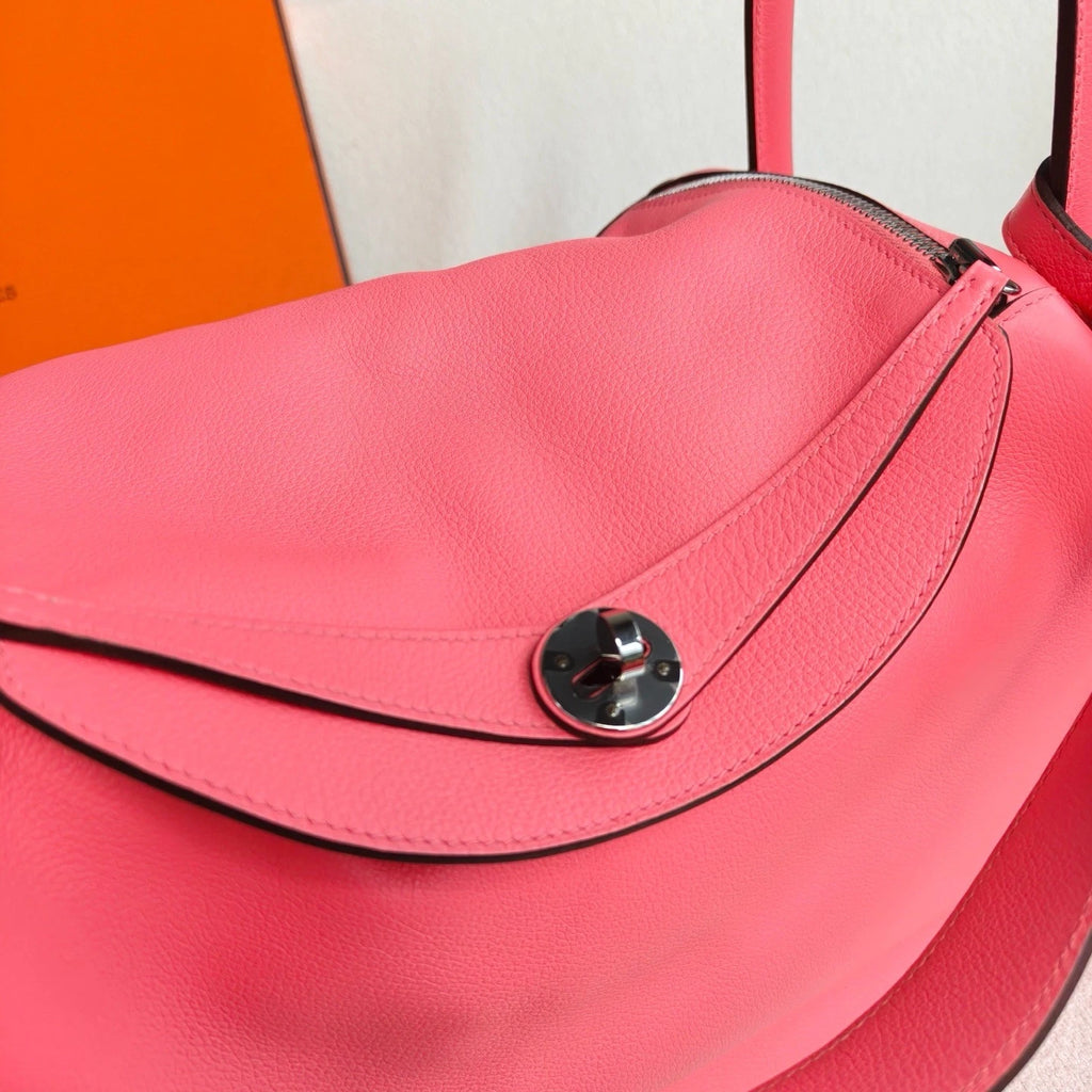 Hermes Lindy30 TC Leather Top Handle Shoulder Bag Pink Silver Women Classic