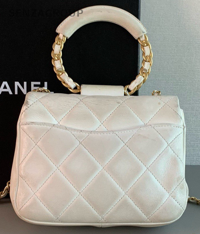 Chanel  Classic Flap 20C Chain Top Handle Bag Crossbody White Gold Used Women