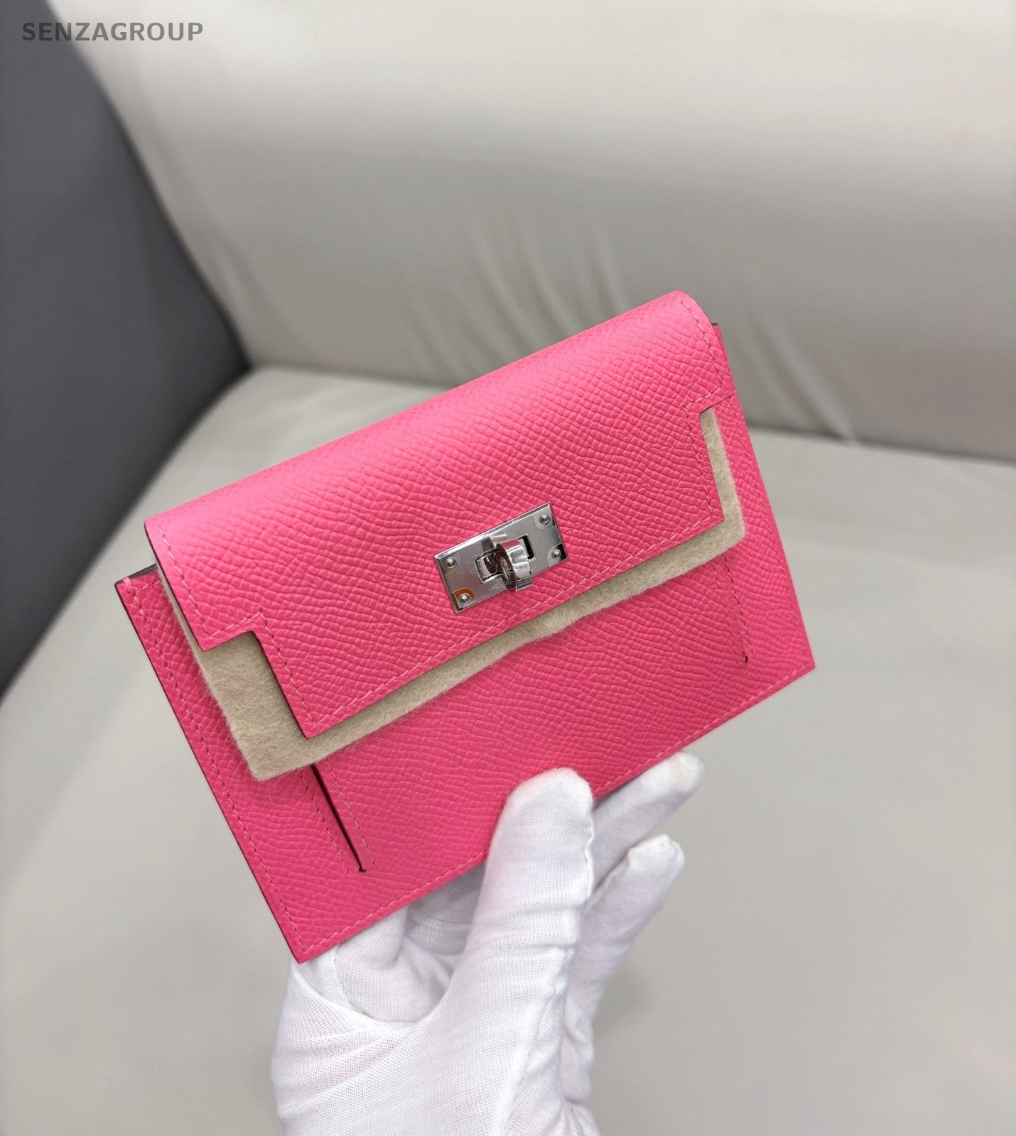 Hermes 8W Kelly Pocket Epsom Leather Pink Silver Women