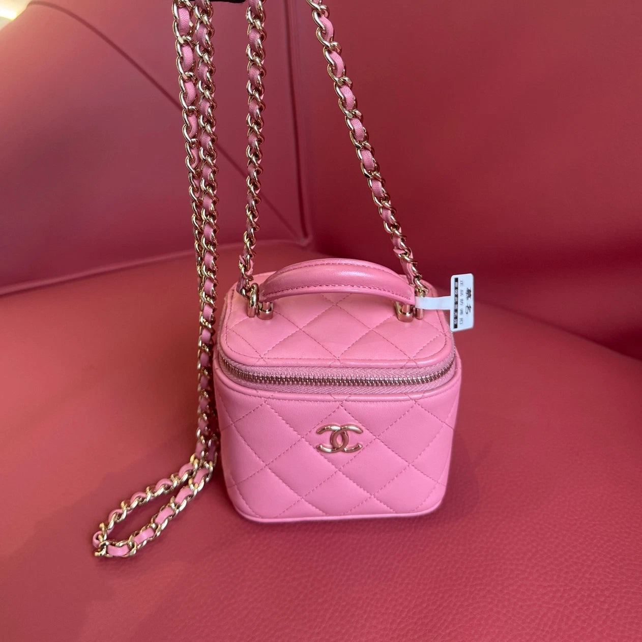 Chanel Diamond Chain Crossbody Top Handle Bag Pink Gold Women Classic