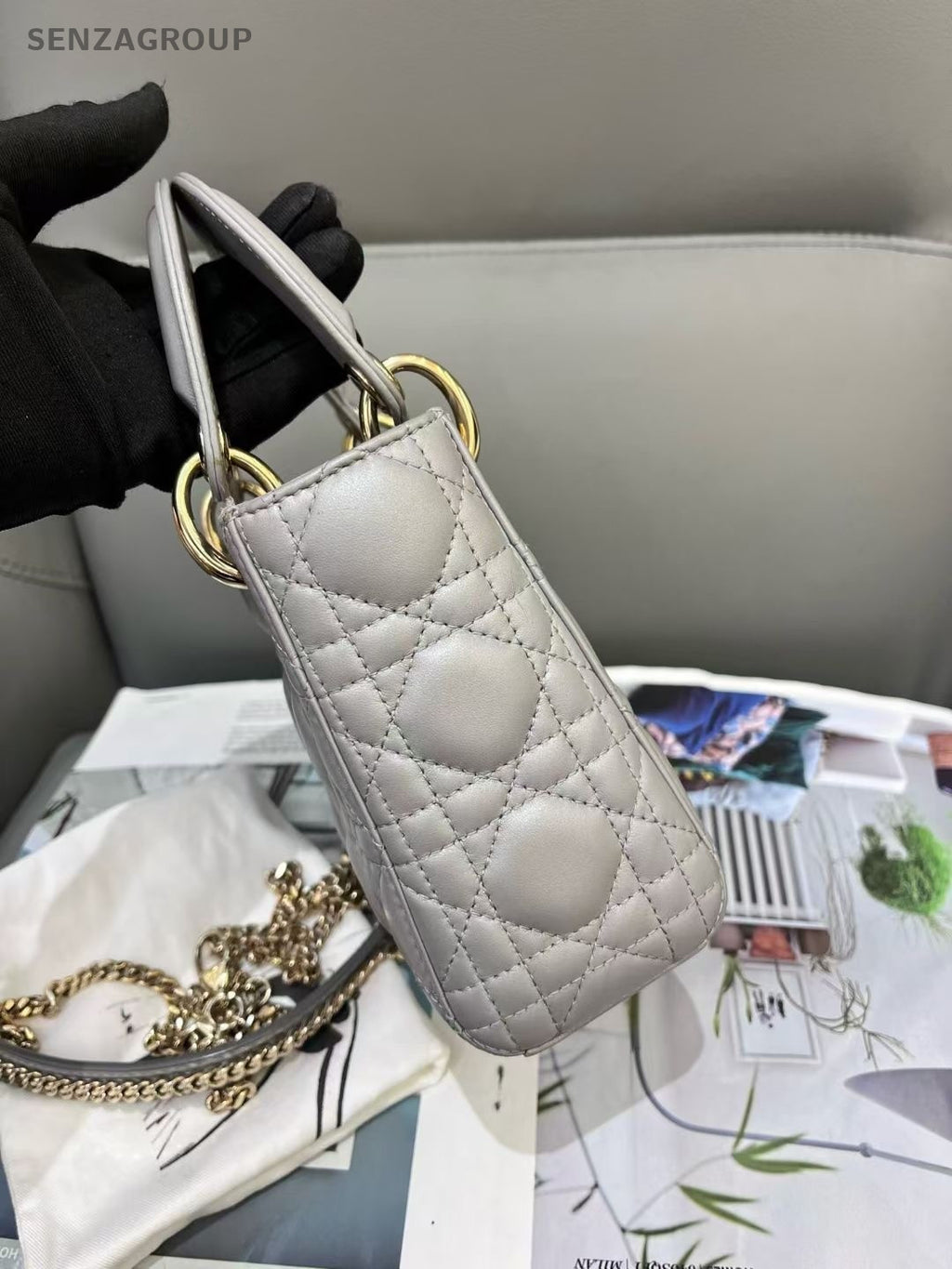 Christian Dior Lady Top Handle 2way Shoulder Handbag Gray Gold Women