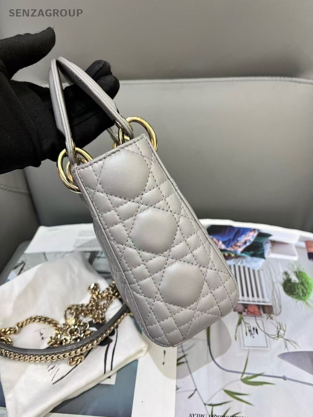 Christian Dior Lady Top Handle 2way Shoulder Handbag Gray Gold Women