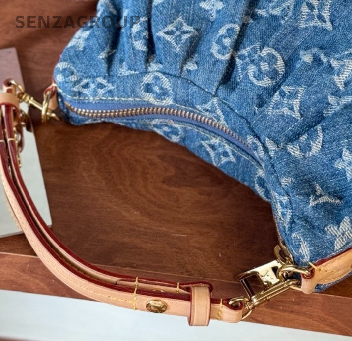 Louis Vuitton Monogram Shoulder Bag Blue Gold Zip Closure Women Classic