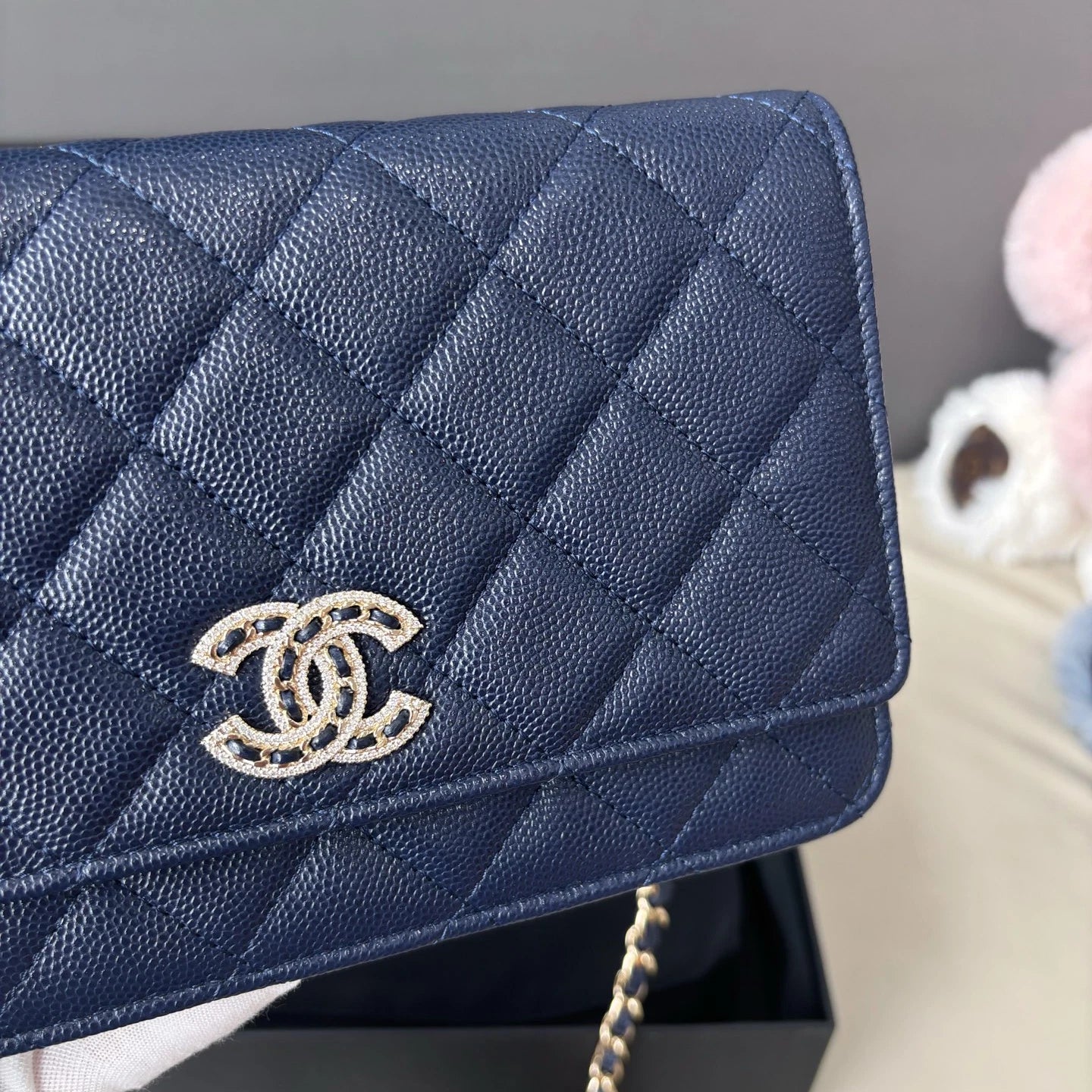 Excellent Chanel WOC Calfskin Blue Shoulder Bag Crossbody Gold Hardware Diamond