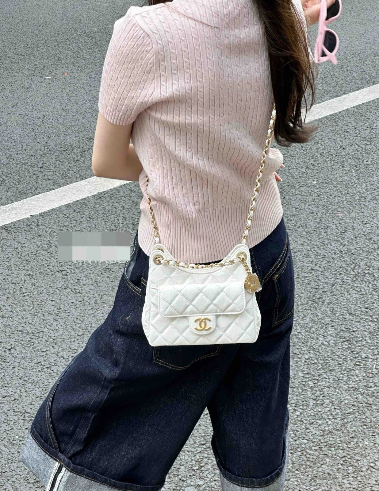 CHANEL White Waxed Leather Small Hobo Shoulder Bag For Women
