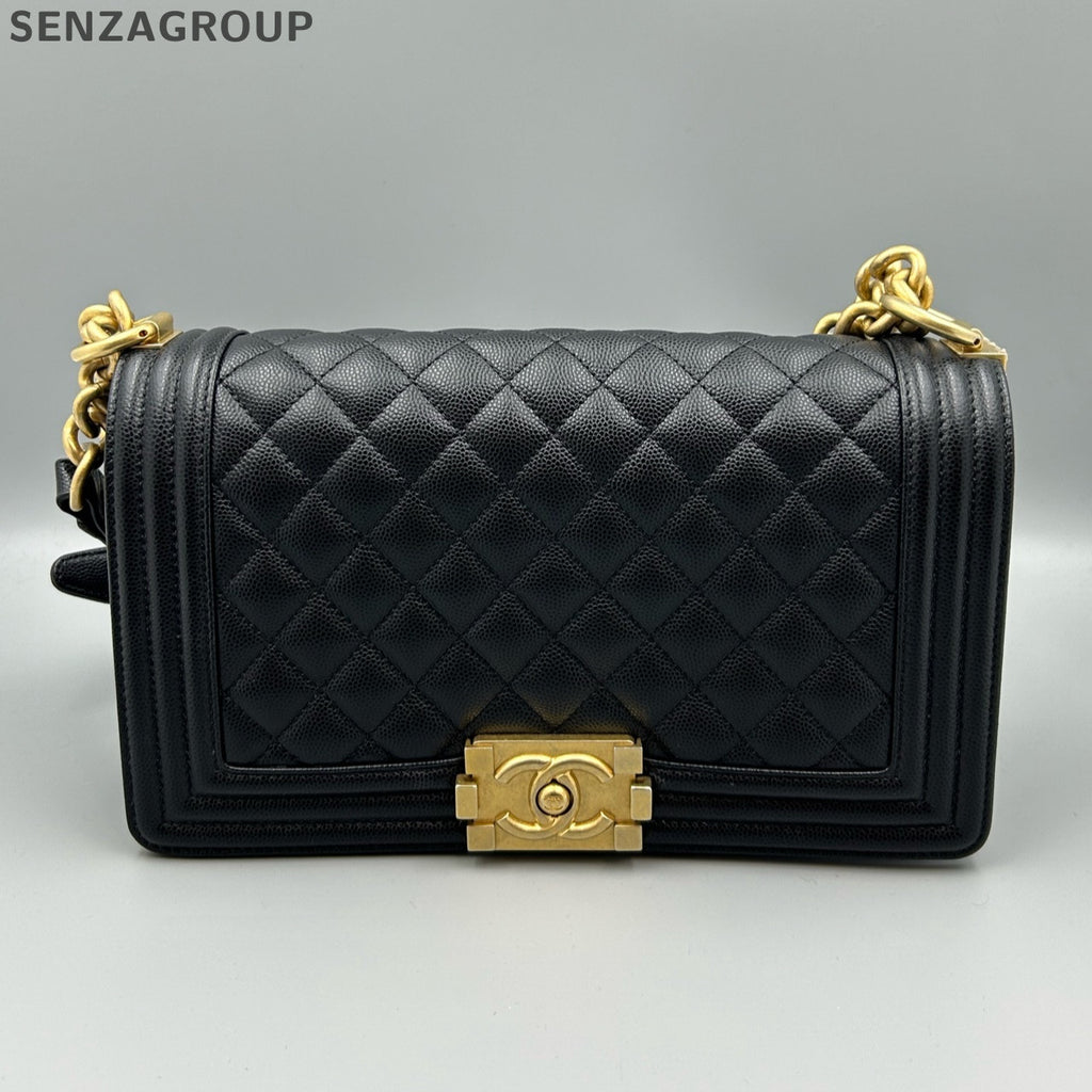 Chanel Le Boy Medium Black Gold Caviar Quilted Chain Shoulder Bag
