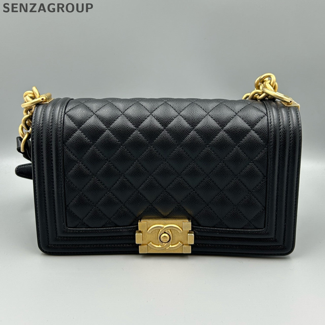 Chanel Le Boy Medium Black Gold Caviar Quilted Chain Shoulder Bag