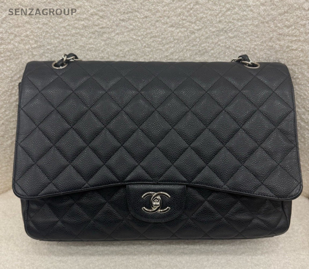 Chanel Classic Flap GM Calfskin Chain Shoulder Bag Black Silver Diamond Women